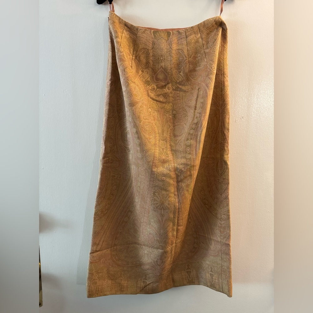 Talbots Long Boho Skirt Paisley Front Slit Metallic Silk Wool Gold Sz 0 vintage